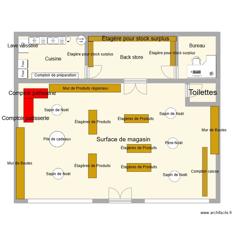 Magasin de noël. Plan de 5 pièces et 118 m2