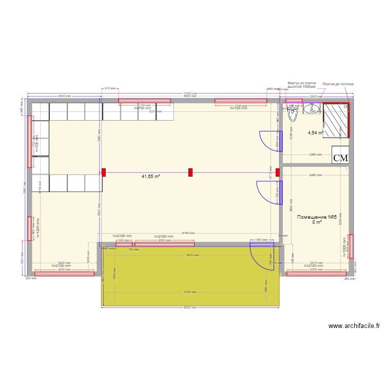 60 1 Островищи кухня. Plan de 4 pièces et 65 m2
