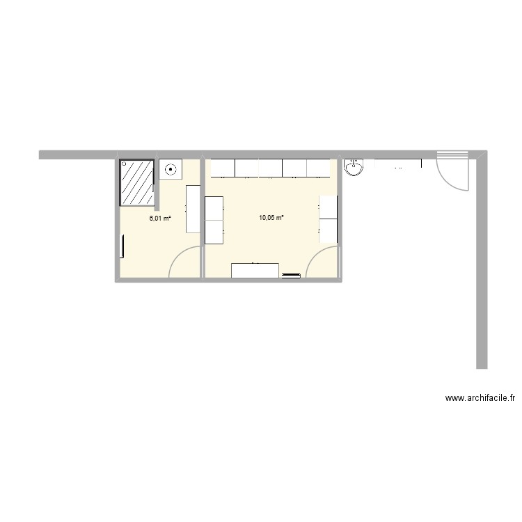 douche. Plan de 2 pièces et 16 m2