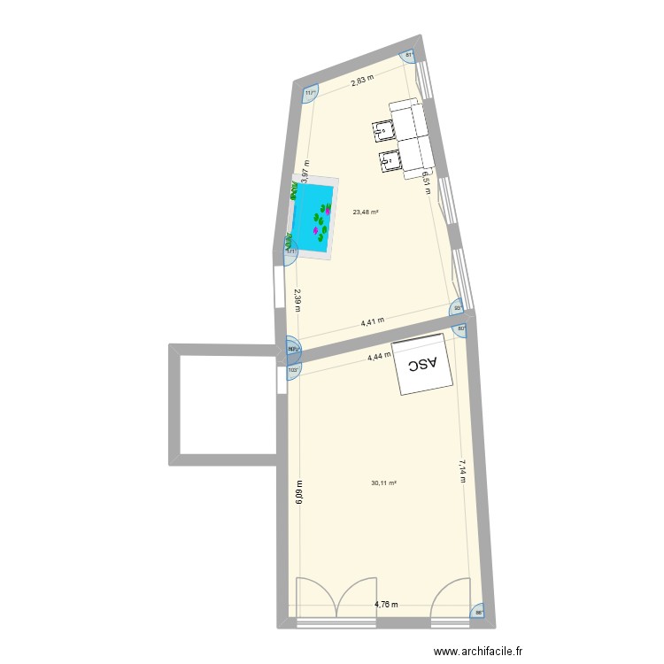 spa. Plan de 2 pièces et 54 m2