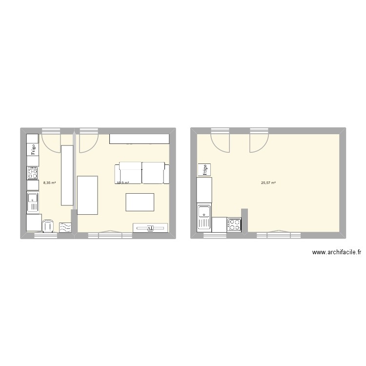 Fusion Cuisine Salon. Plan de 3 pièces et 51 m2
