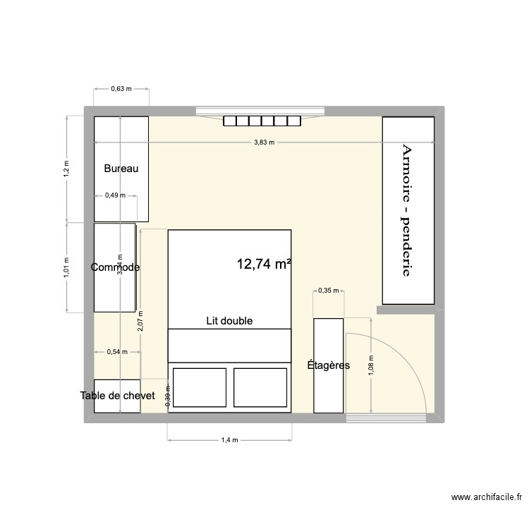 Chambre 3. Plan de 1 pièce et 13 m2