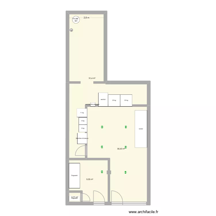 Laverie + dogwash. Plan de 4  et 72 m²