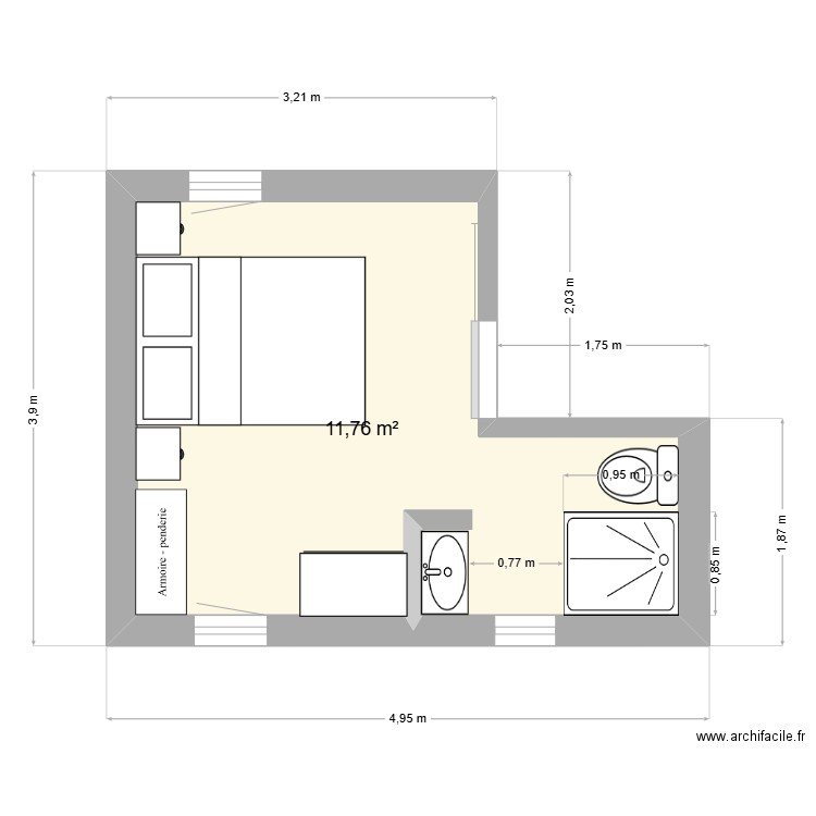 chambre 1. Plan de 1 pièce et 12 m2