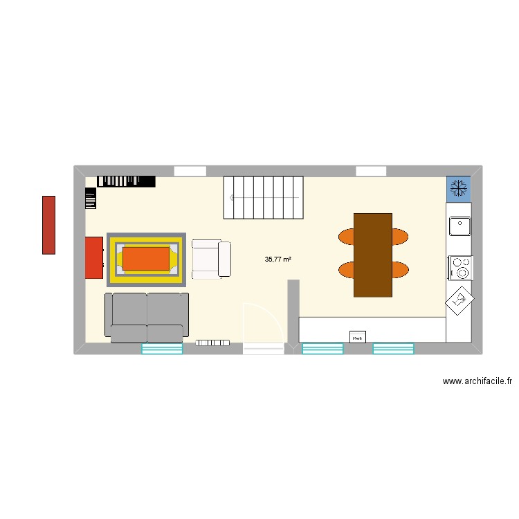 Salon pigeon - Version Plan de Travail sous Fenêtres. Plan de 1 pièce et 36 m2