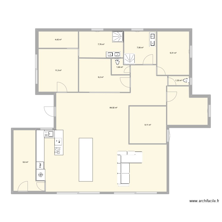 plein pied. Plan de 11 pièces et 221 m2