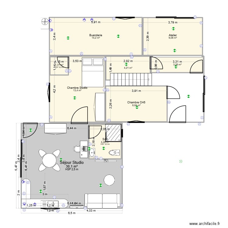 Niveau 1 Electrique. Plan de 9 pièces et 95 m2