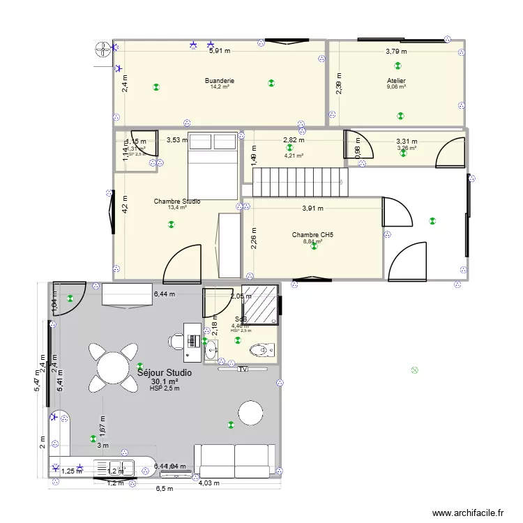 Niveau 1 Electrique. Plan de 9  et 95 m²