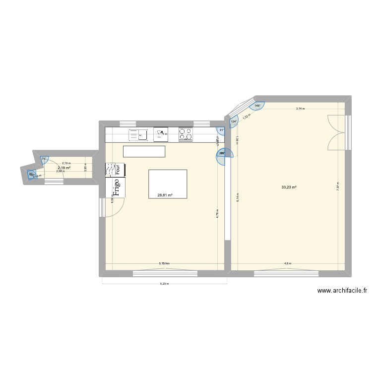 Clémence et Kévin Cuisine. Plan de 3 pièces et 64 m2