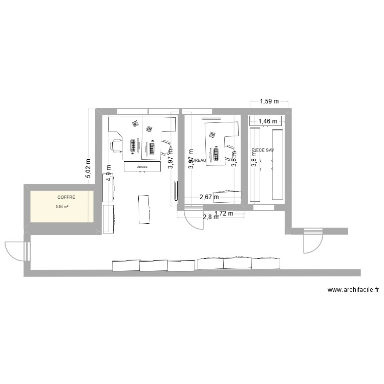 BUREAU SAV LONGUEUR + BASTIEN  + DBLE FICHIER. Plan de 1 pièce et 4 m2
