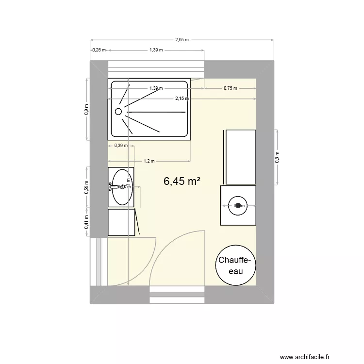 Salle de bain. Plan de 1  et 6 m²