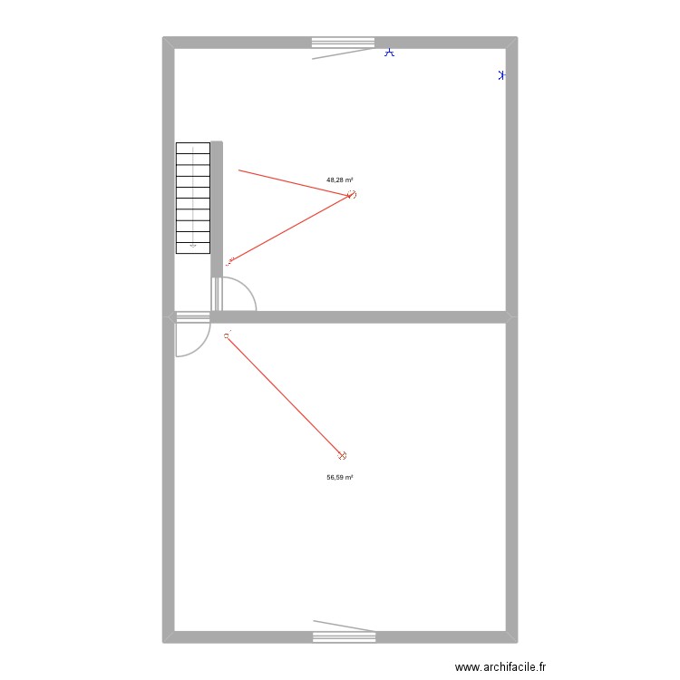 Dan étage. Plan de 2 pièces et 105 m2