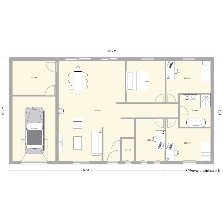 Plan PP 3ch 1b (2). Plan de 9 pièces et 163 m2