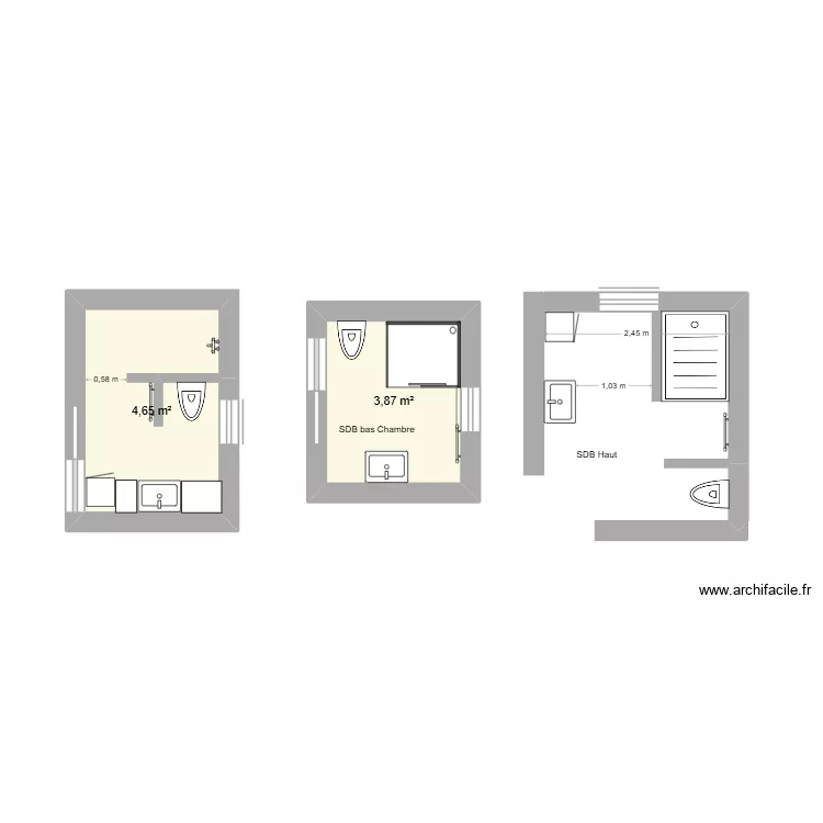 sdb bas et haut. Plan de 2  et 9 m²