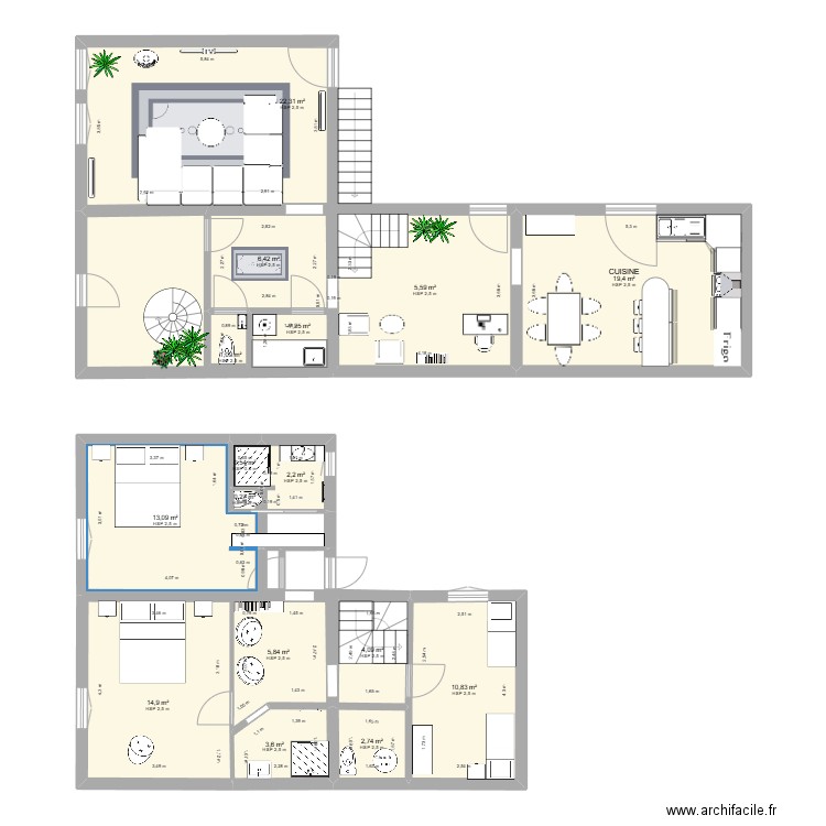 VICQ. Plan de 16 pièces et 125 m2