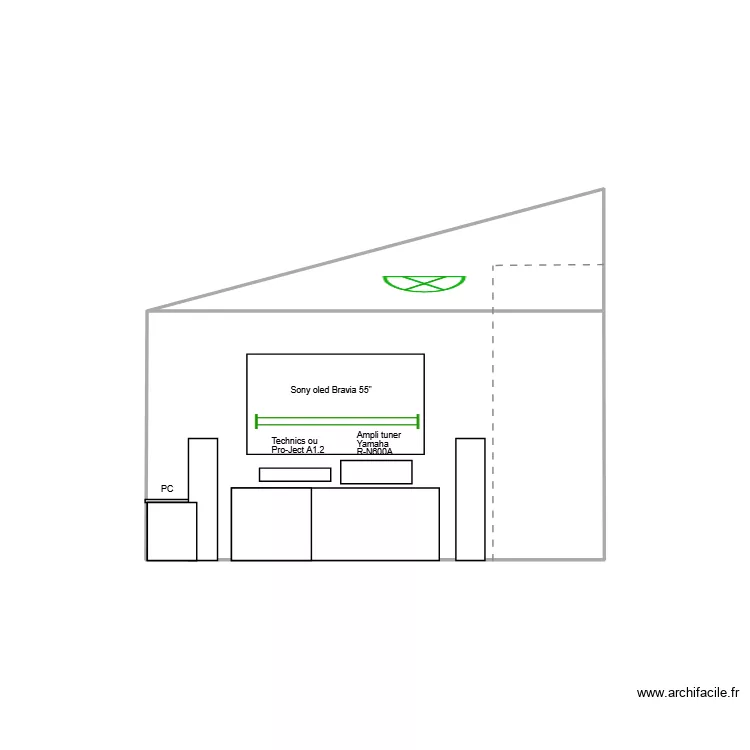 Mur cot&eacute; TV. Plan de 2  et 7 m²
