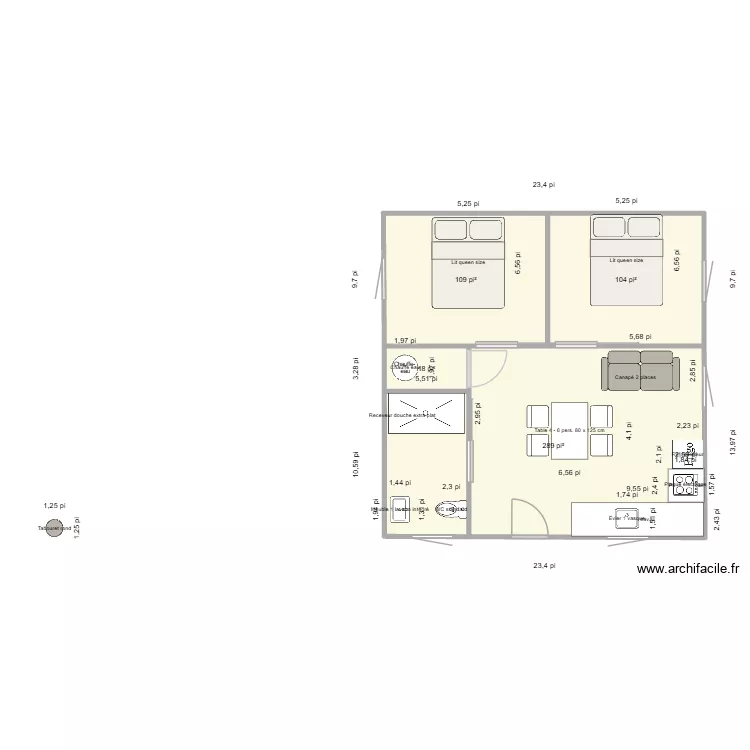 24x24 moderne mobilité réduite. Plan de 4 Pièces et 48 m² 24x24 moderne mobilité réduite. Plan de 4 Pièces et 48 m²