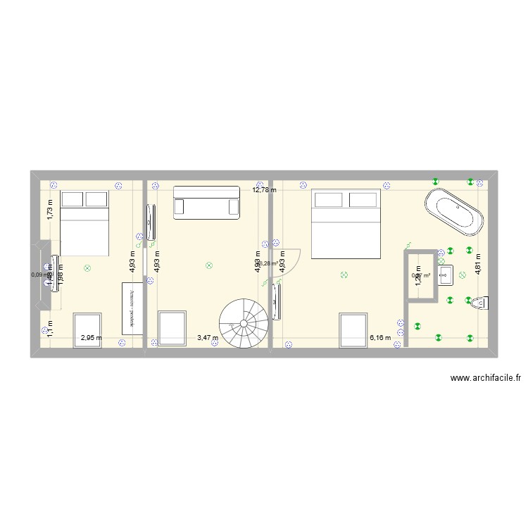 ETAGE. Plan de 3 pièces et 61 m2