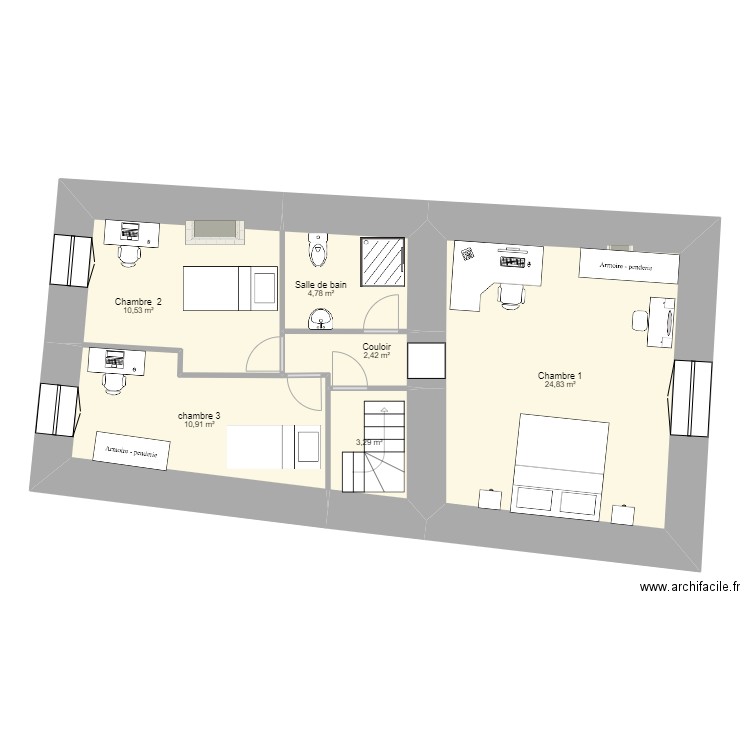 Maison etage 3 chambres èlectricité. Plan de 6 pièces et 57 m2