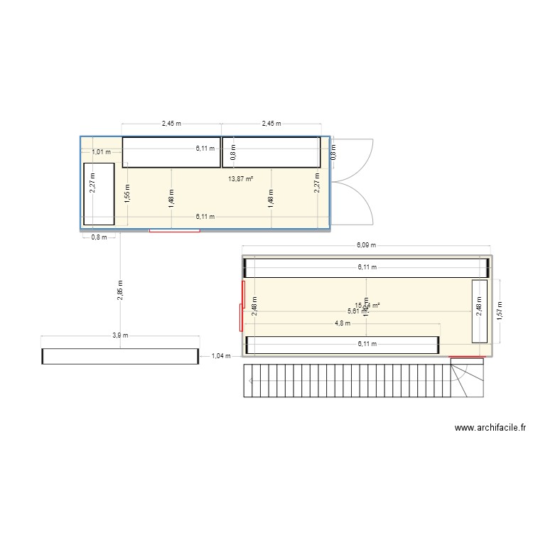 entrepot bas . Plan de 2 pièces et 28 m2