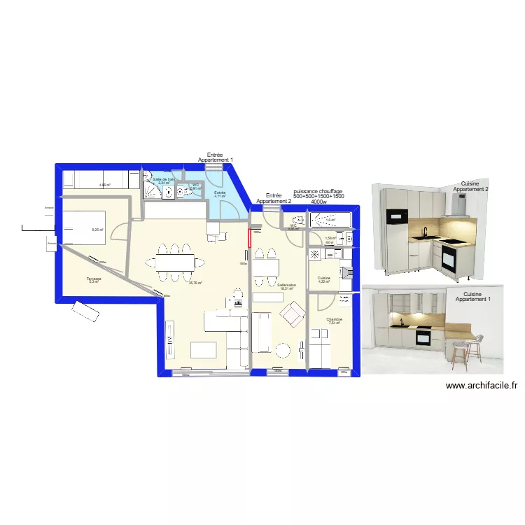 Brian&ccedil;on 7 + radiateurs. Plan de 13  et 97 m²