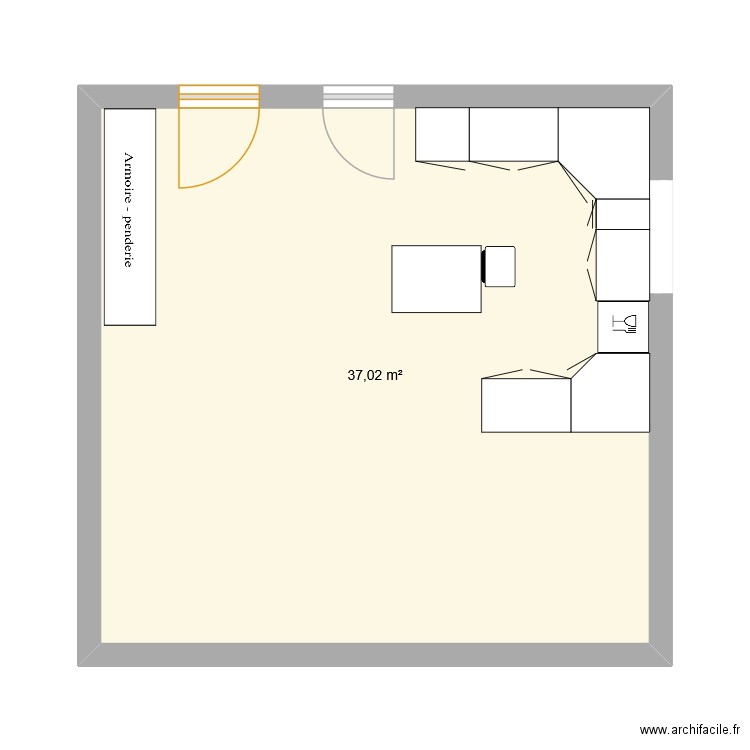 cuisine ilot. Plan de 1 pièce et 37 m2