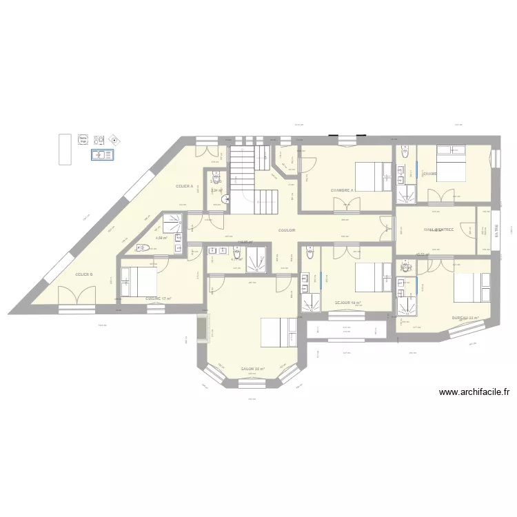 AU PARADIS ETUDE chambre sdb cuisine. Plan de 7  et 188 m²