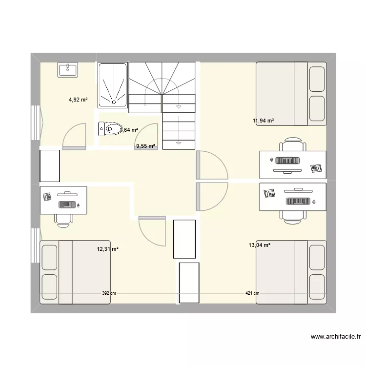 Plan am&eacute;nagement r&eacute;hausse. Plan de 6 Pièces et 53 m²