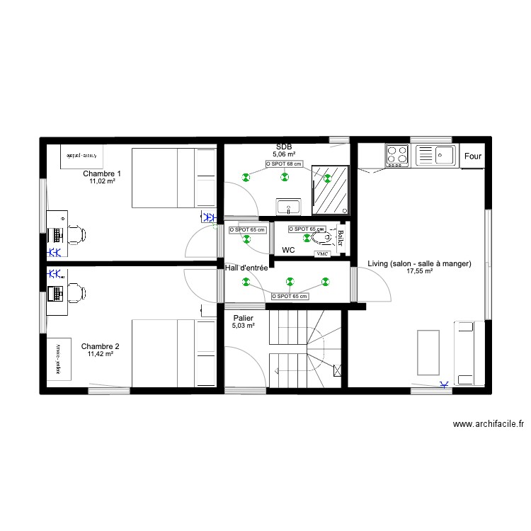 Annexe Tenderie plan spots. Plan de 8 pièces et 55 m2