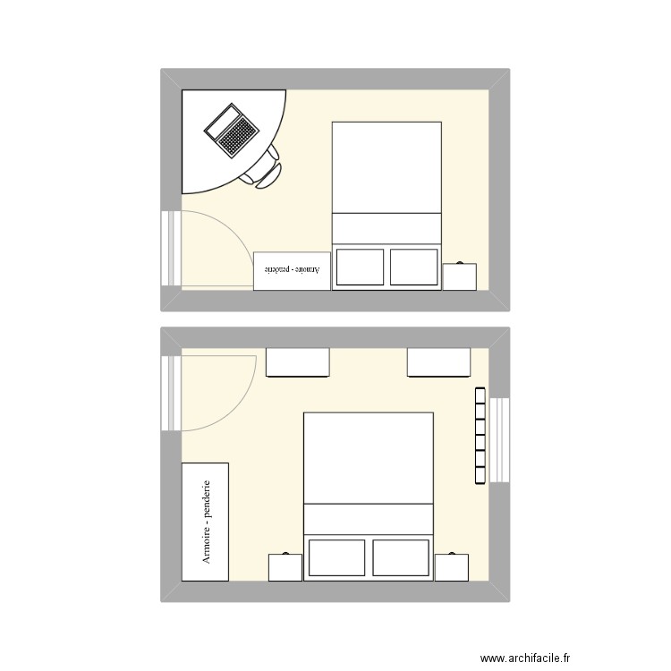 Chambres. Plan de 2 pièces et 22 m2