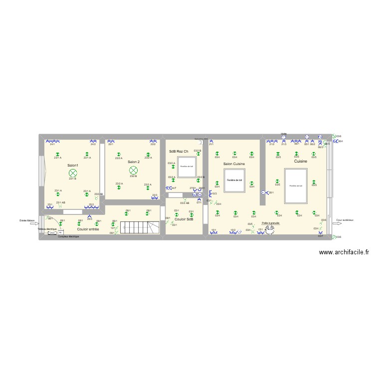 Implantations Rez00. Plan de 6 pièces et 67 m2