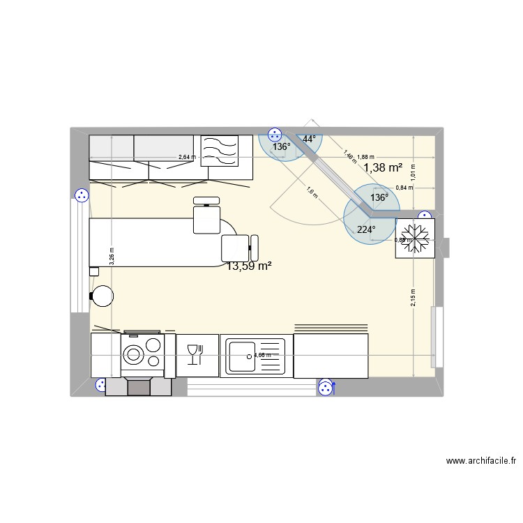 Cuisine 2. Plan de 2 pièces et 15 m2