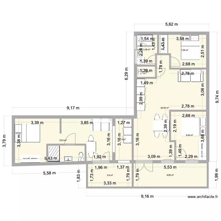 68 La libe. Plan de 9  et 92 m²