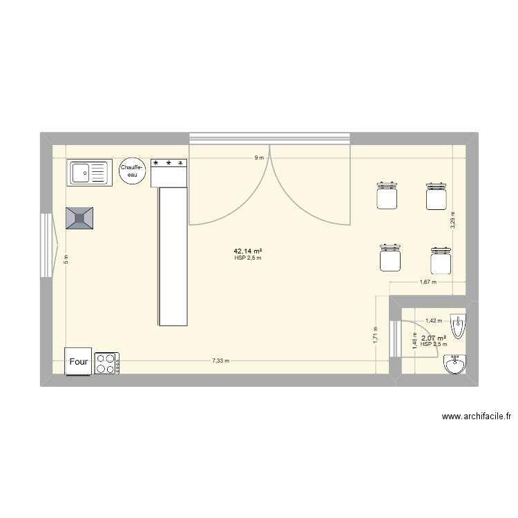 restaurant. Plan de 2 pièces et 44 m2