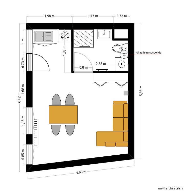 STUDIO ROUEN v2. Plan de 2 pièces et 4 m2