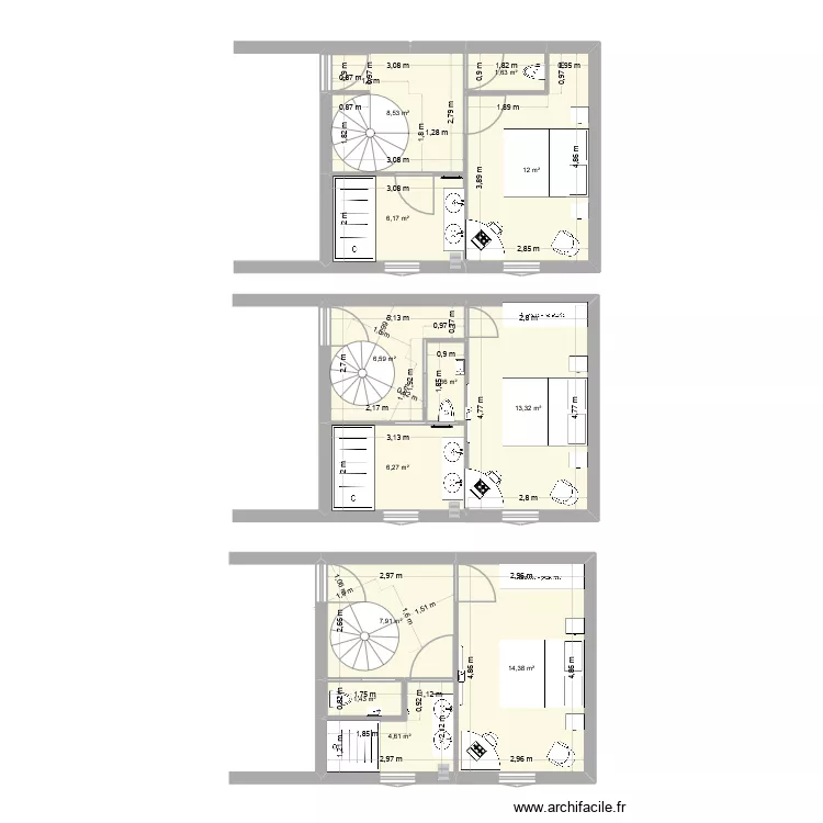 Chambre augusta. Plan de 12  et 84 m²