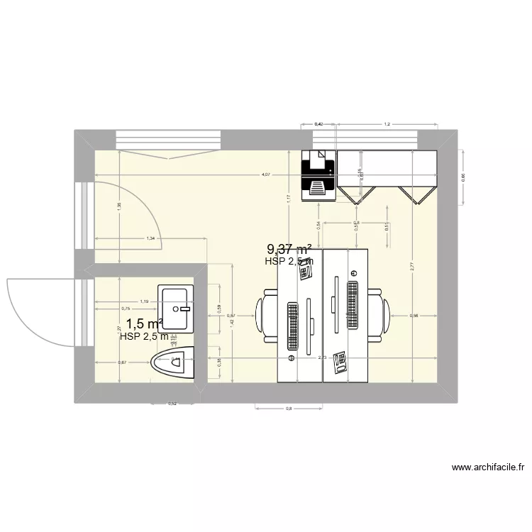 bureau 7 janvier. Plan de 2  et 11 m²