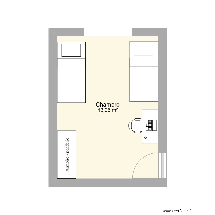 chambre au milieu. Plan de 1 pièce et 14 m2