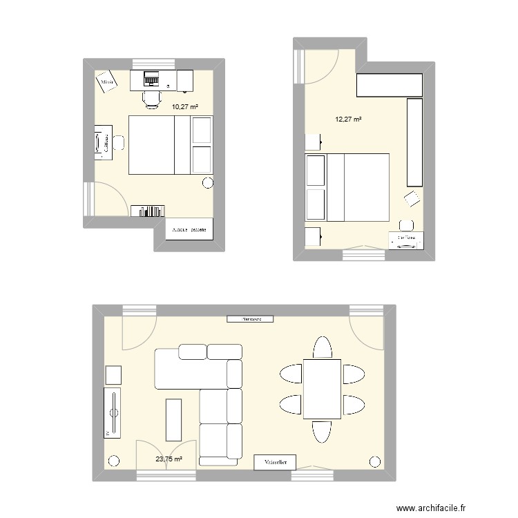 Chambre Louise. Plan de 3 pièces et 46 m2