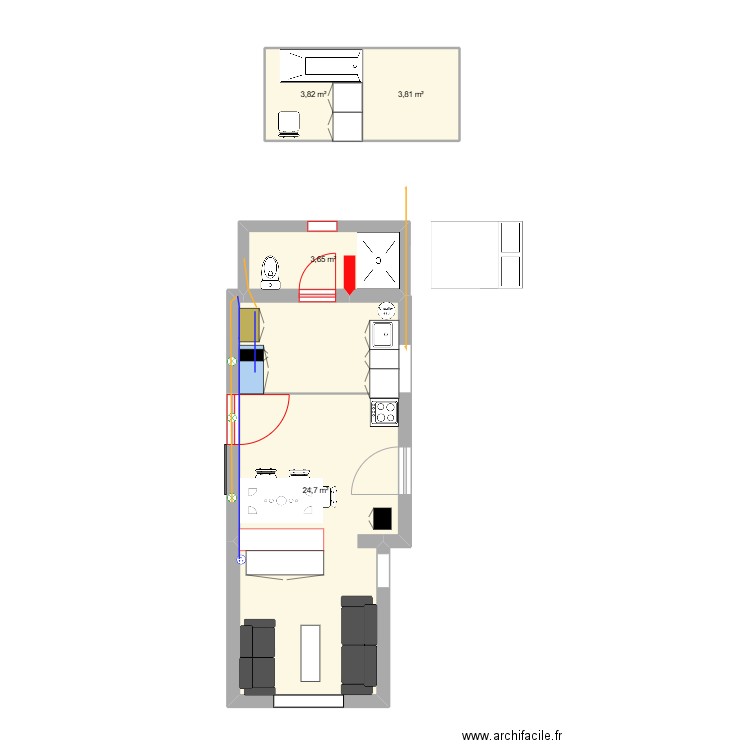cabane avec agrandissement  V1. Plan de 4 pièces et 36 m2