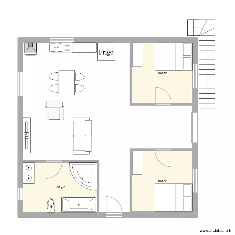 1ier. Plan de 3 pièces et 28 m²