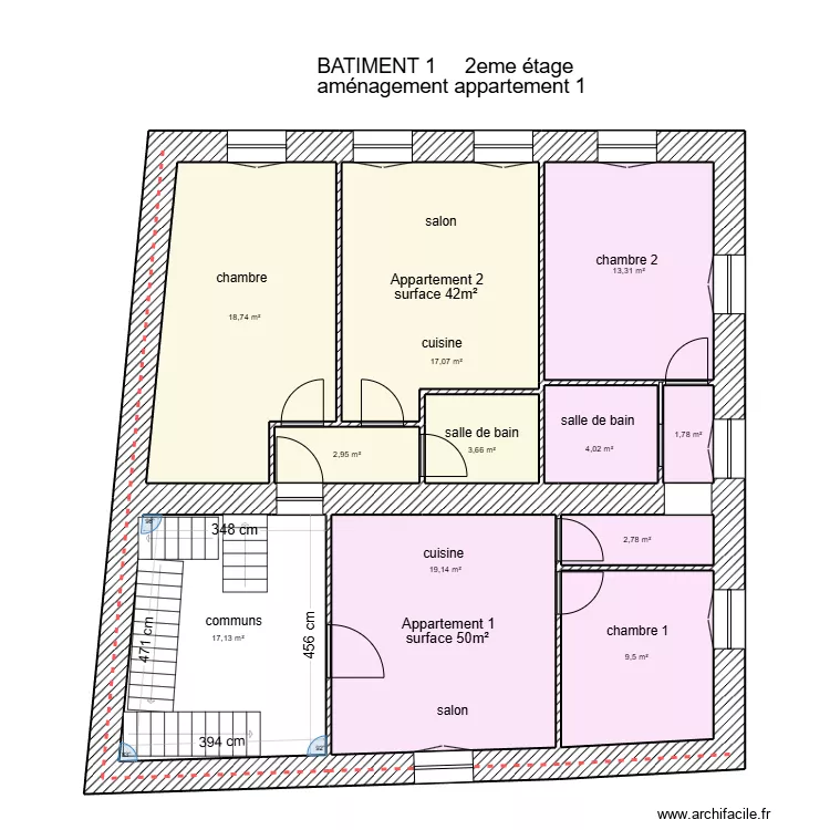 Bâtiment 1 2eme étage + aménagement appartement 1. Plan de Bâtiment 1 2eme étage + aménagement appartement 1. Plan de