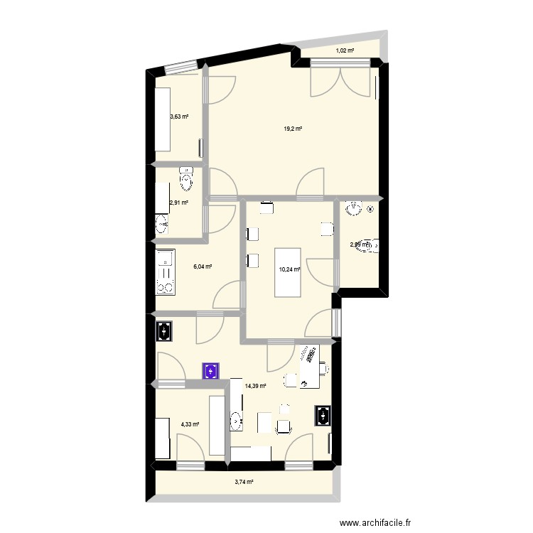 Cabinet Podo Villiers. Plan de 10 pièces et 68 m2