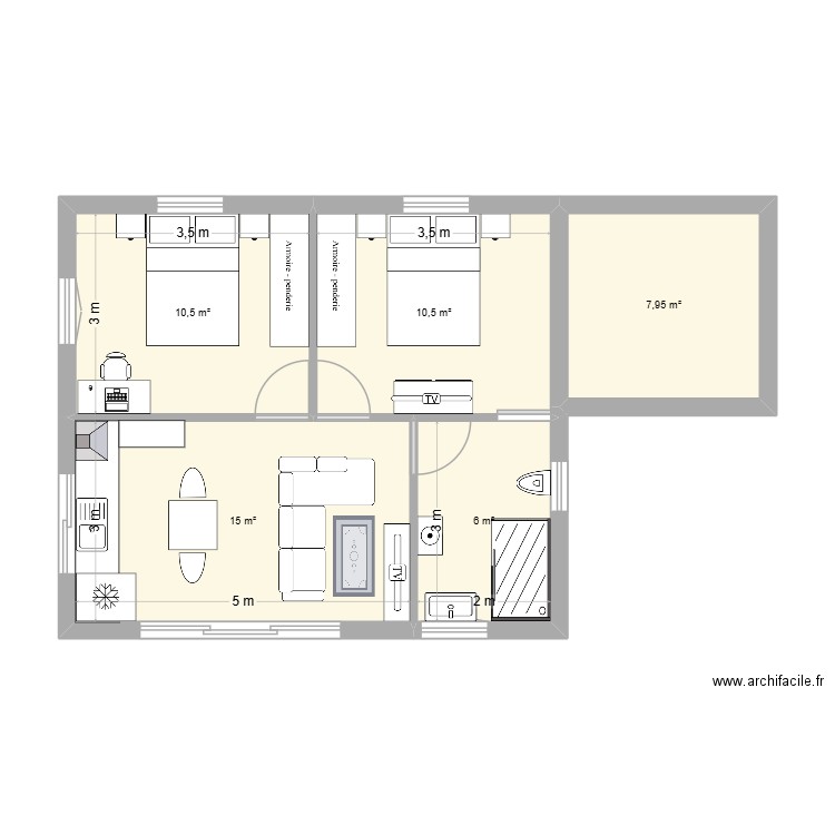 ESSAIE 2 RECTANGLE. Plan de 5 pièces et 50 m2