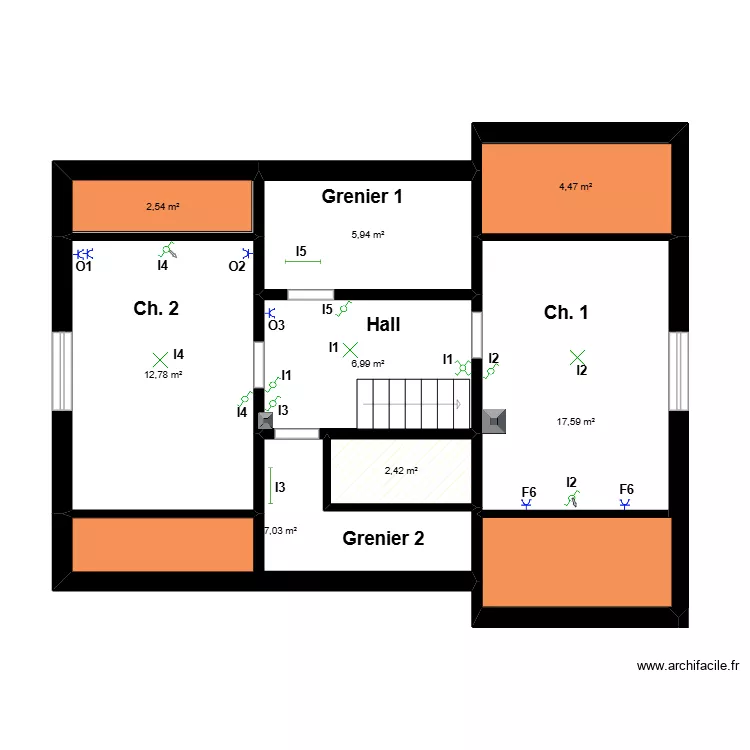 Etage 1. Plan de 8  et 60 m²
