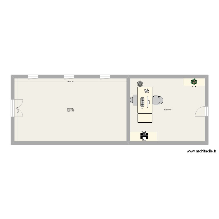 bureau 1. Plan de 2 pièces et 77 m2