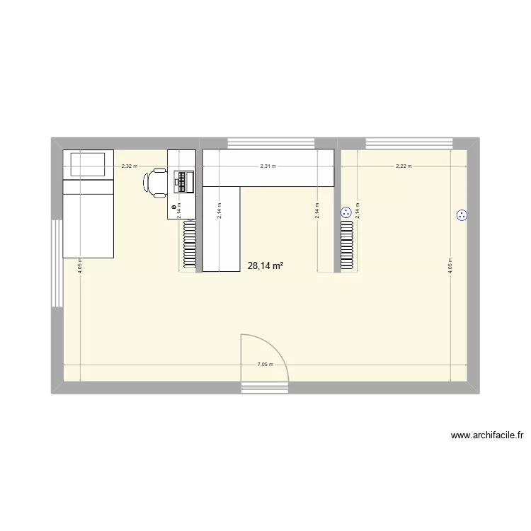 Studio. Plan de 1  et 28 m²