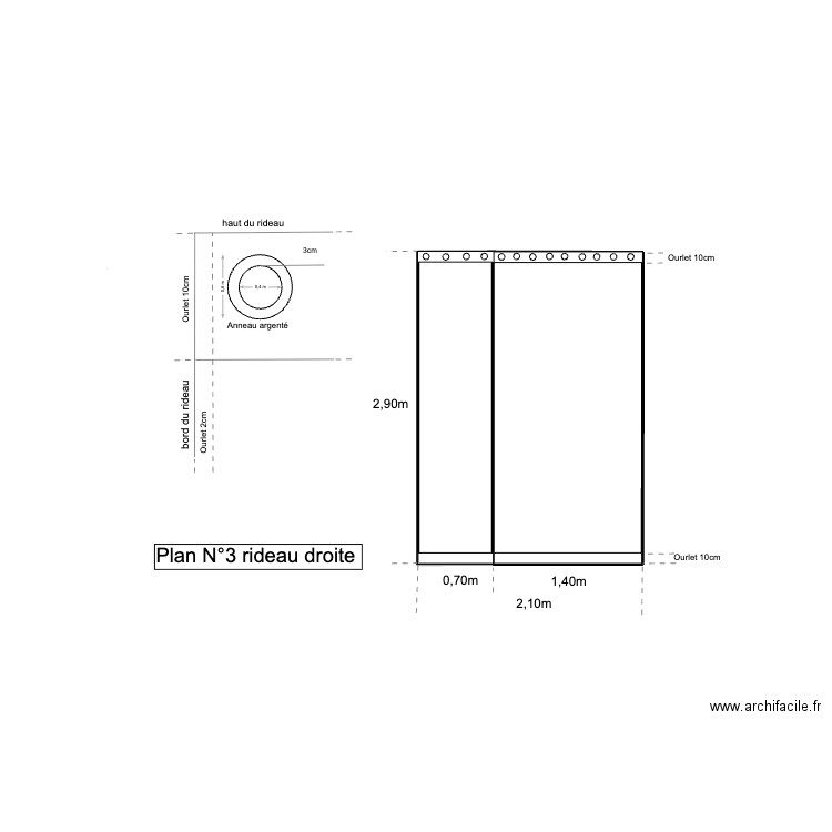 rideau 2,10m à droite. Plan de 2 pièces et 6 m2