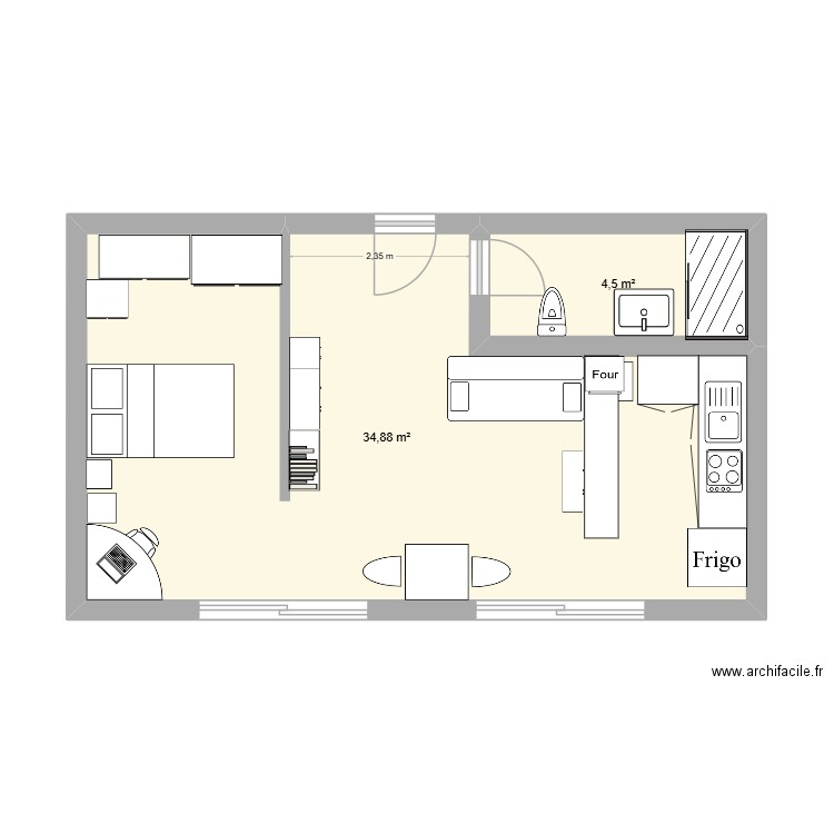 prout actualisé. Plan de 2 pièces et 39 m2
