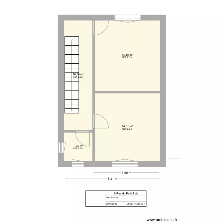 Petit Bois / R+1 - Existant. Plan de 4  et 43 m²